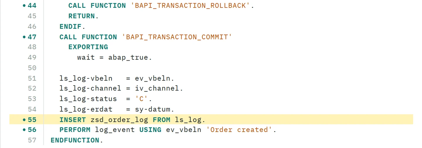 Source drawer of the web app: include LZSD_ORDERU01, lines 44 to 57, with cited lines marked and line 55, INSERT zsd_order_log FROM ls_log., highlighted.
